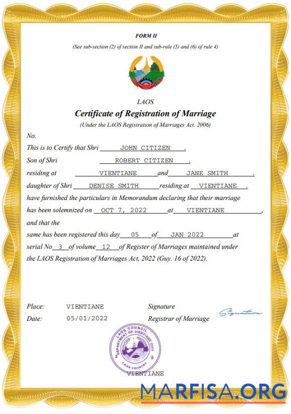 Realistic Laos marriage certificate Word and PDF template